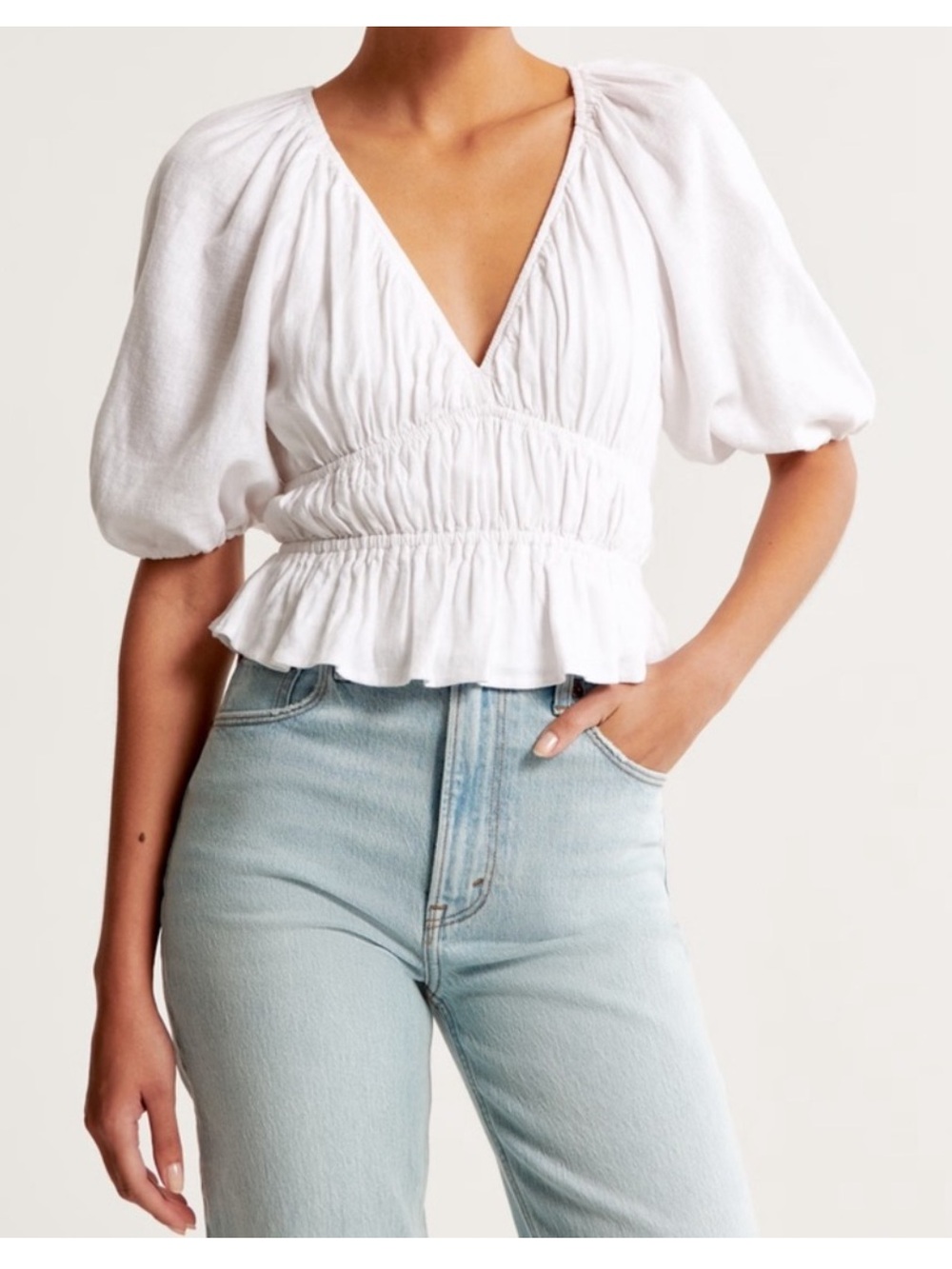 Abercrombie & Fitch Linen Top Women’s White Cropped Puff Sleeve Smocked Blouse